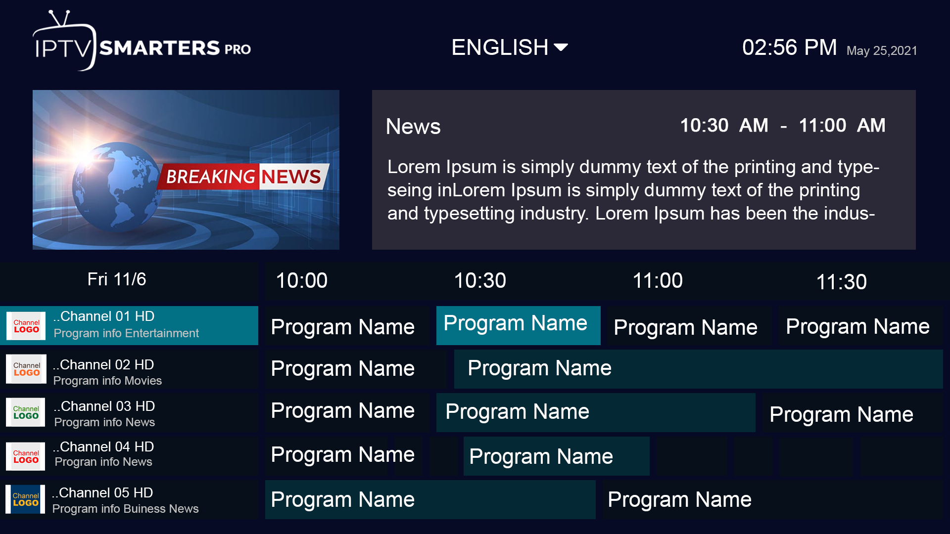 Electronic program guide displayed in an IPTV interface with channel schedule information