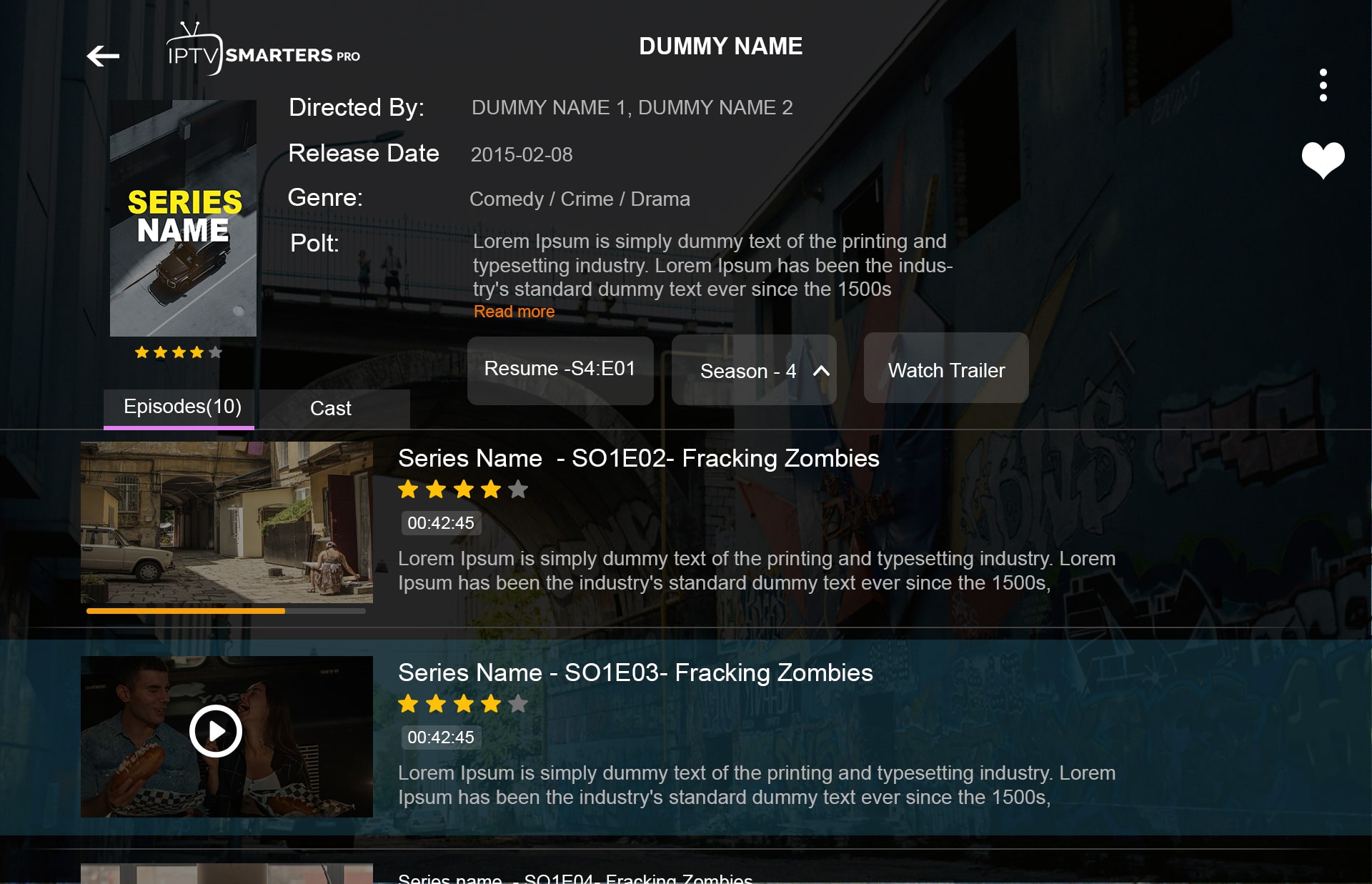 IPTV interface showing series information and navigation on a streaming device